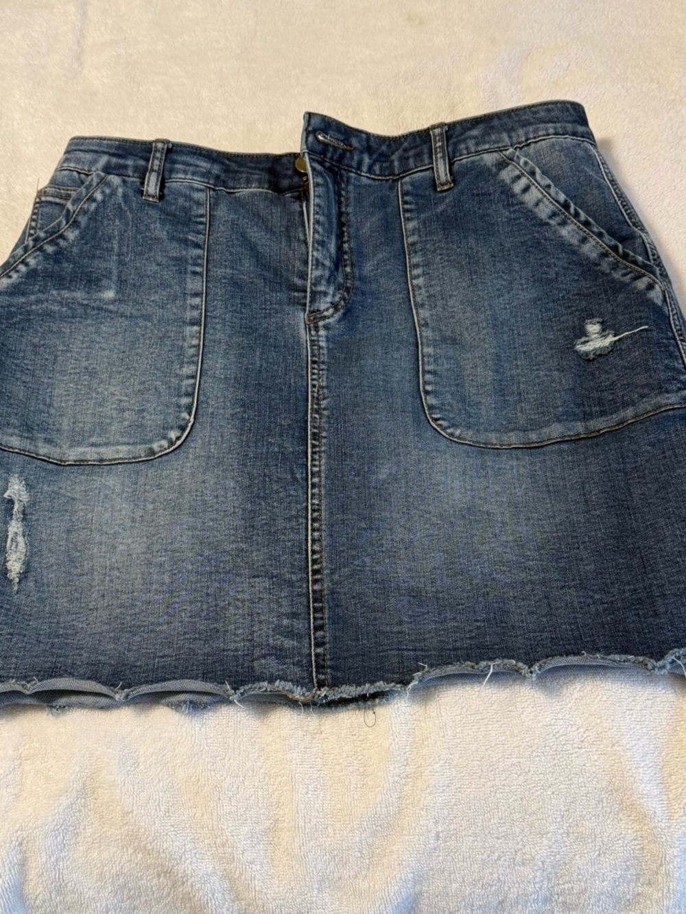 Democracy Distressed Denim Mini Skirt, Front Patch Pockets, AbSolution-Like new